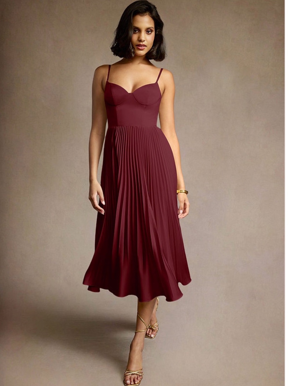 Azazie Burgundy Pleated Spaghetti-Strap Midi Dress